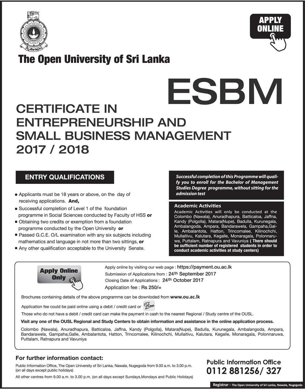 Certificate in Entrepreneurship & Small Business Management (2017/2018) - The Open University of Sri Lanka